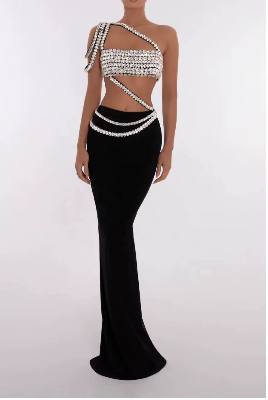 Elegantes Bandage-Maxikleid mit Diamanten – Bodenlang & Quadratkragen