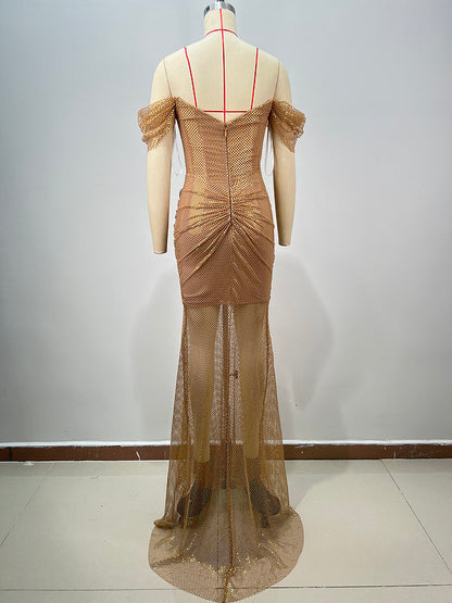 Elegantes Bandage-Maxikleid mit Diamanten – Bodenlang & Quadratkragen
