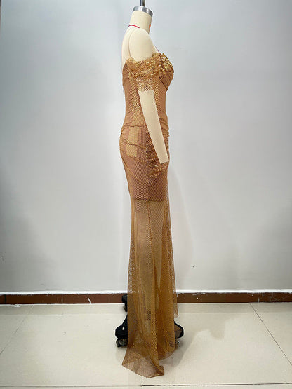 Elegantes Bandage-Maxikleid mit Diamanten – Bodenlang & Quadratkragen