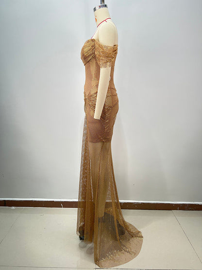 Elegantes Bandage-Maxikleid mit Diamanten – Bodenlang & Quadratkragen