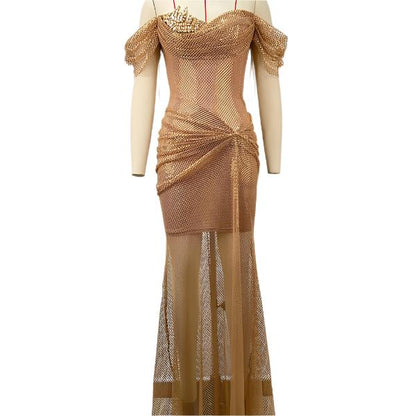 Elegantes Bandage-Maxikleid mit Diamanten – Bodenlang & Quadratkragen