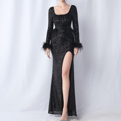 Elegantes Bandage-Maxikleid mit Diamanten – Bodenlang & Quadratkragen