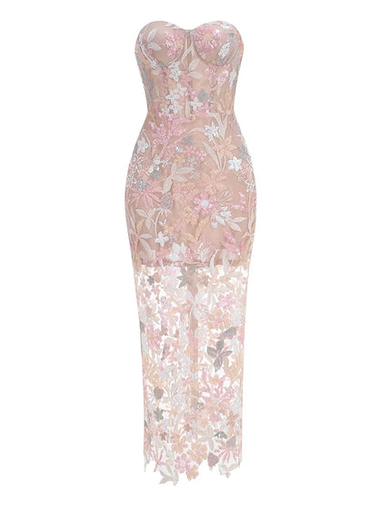 Elegantes Bandage-Maxikleid mit Diamanten – Bodenlang & Quadratkragen