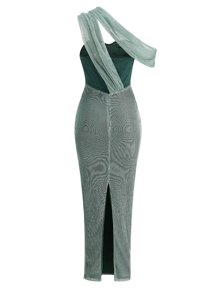 Elegantes Bandage-Maxikleid mit Diamanten – Bodenlang & Quadratkragen