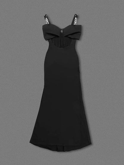 Elegantes Bandage-Maxikleid mit Diamanten – Bodenlang & Quadratkragen