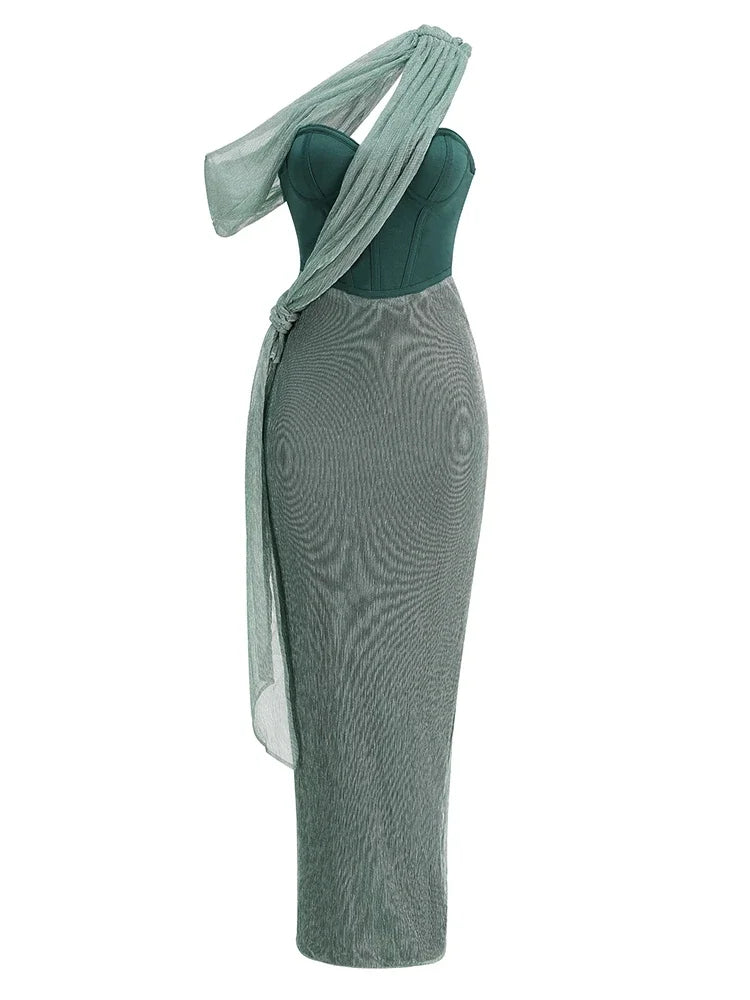 Elegantes Bandage-Maxikleid mit Diamanten – Bodenlang & Quadratkragen