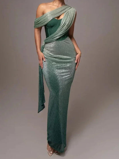 Elegantes Bandage-Maxikleid mit Diamanten – Bodenlang & Quadratkragen