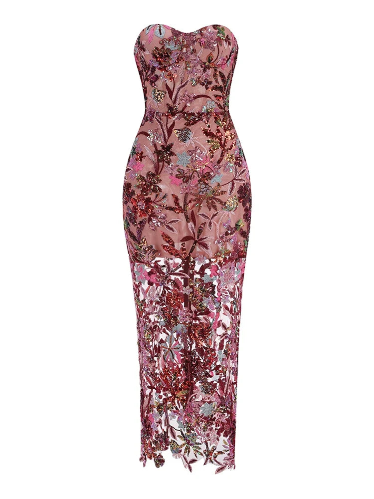 Elegantes Bandage-Maxikleid mit Diamanten – Bodenlang & Quadratkragen