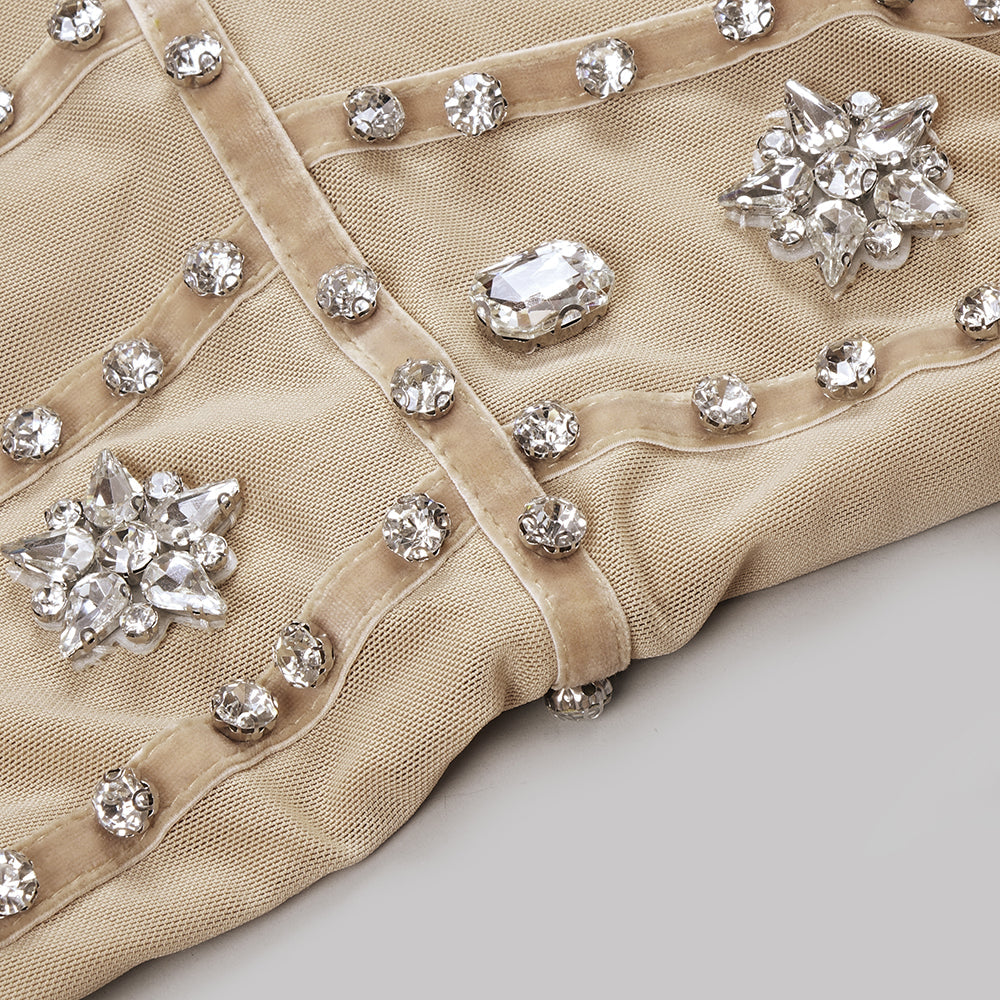 Elegantes Bandage-Maxikleid mit Diamanten – Bodenlang & Quadratkragen