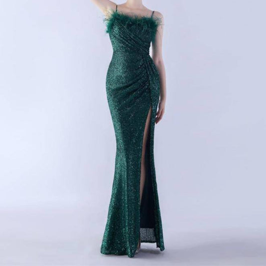 Produktbild von Elegantes Bandage-Maxikleid mit Diamanten – Bodenlang & Quadratkragen in dark-green-2, erhältlich bei Hot Fashionista