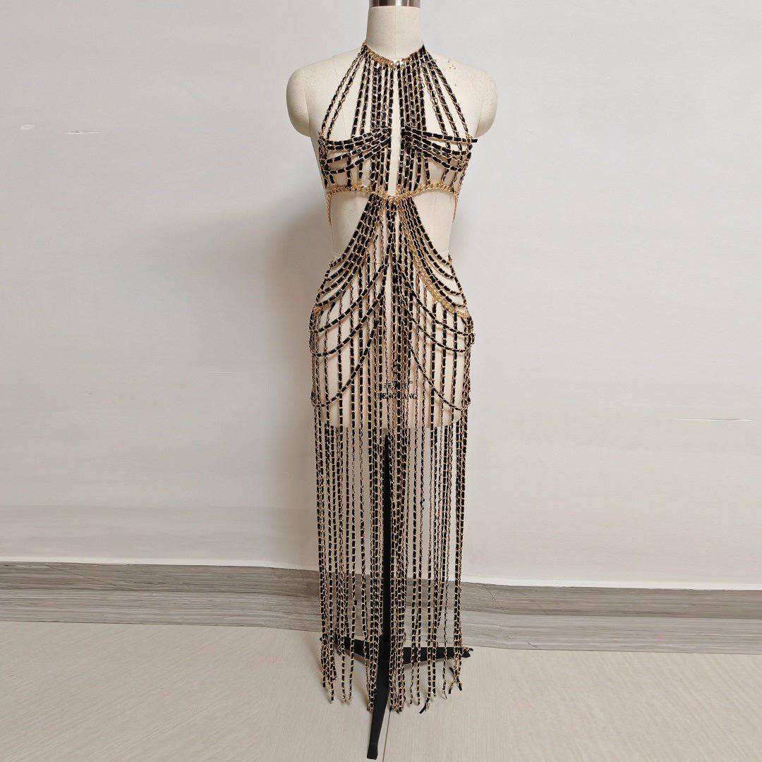 Produktbild von Elegantes Bandage-Maxikleid mit Diamanten – Bodenlang & Quadratkragen in Free Size, erhältlich bei Hot Fashionista