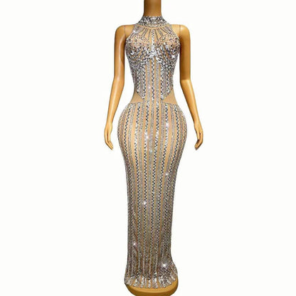 Elegantes Bandage-Maxikleid mit Diamanten – Bodenlang & Quadratkragen