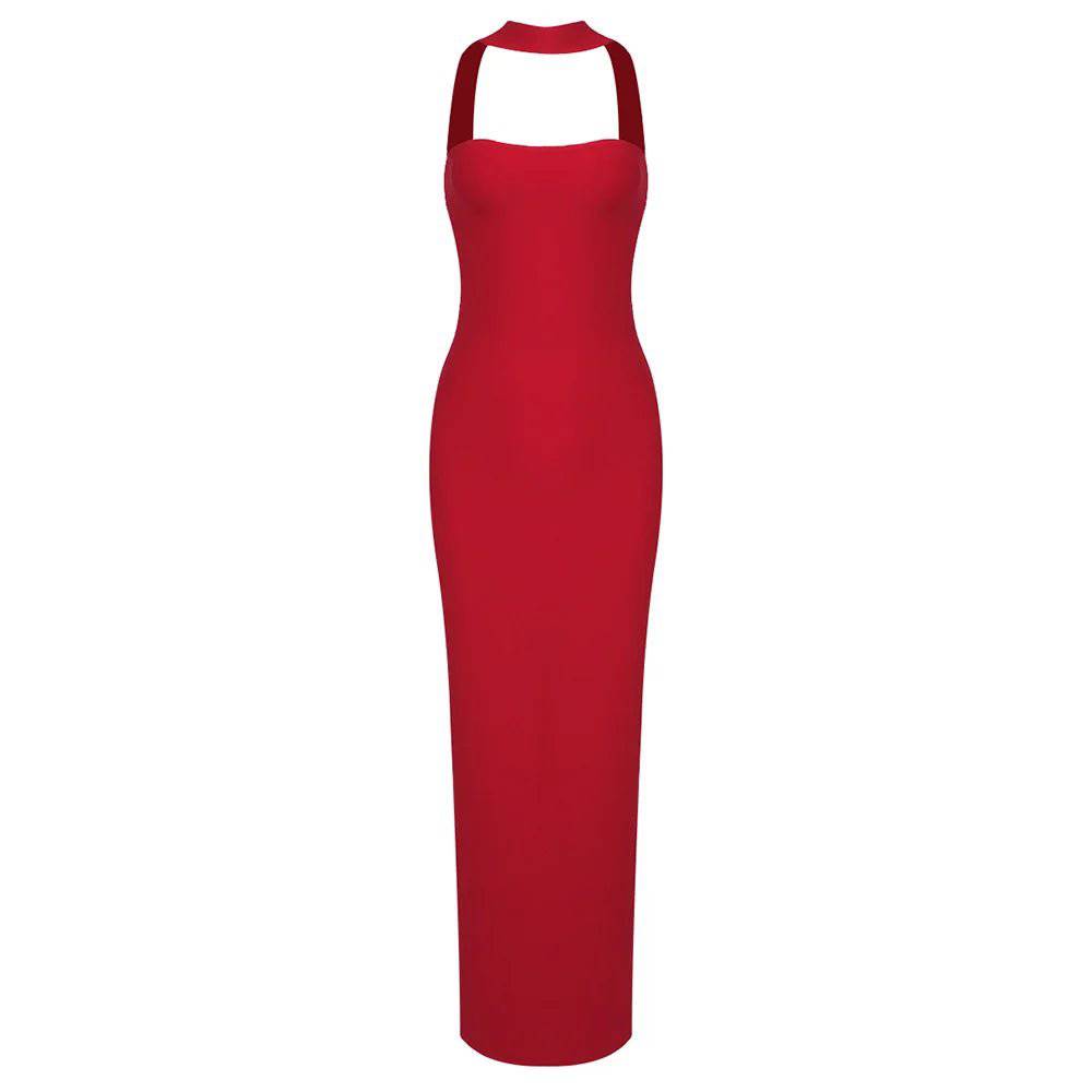 Produktbild von Elegantes Bandage-Maxikleid mit Diamanten – Bodenlang & Quadratkragen in red, erhältlich bei Hot Fashionista