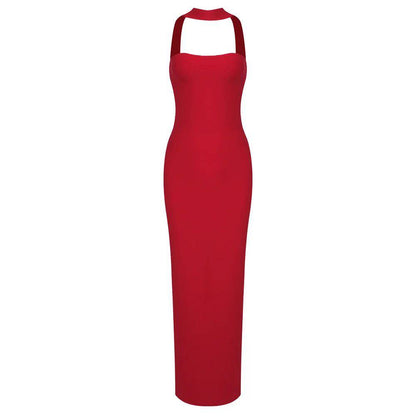 Produktbild von Elegantes Bandage-Maxikleid mit Diamanten – Bodenlang & Quadratkragen in red, erhältlich bei Hot Fashionista