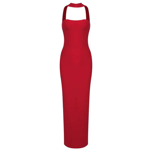 Produktbild von Elegantes Bandage-Maxikleid mit Diamanten – Bodenlang & Quadratkragen in red, erhältlich bei Hot Fashionista