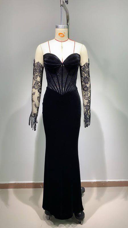 Elegantes Bandage-Maxikleid mit Diamanten – Bodenlang & Quadratkragen
