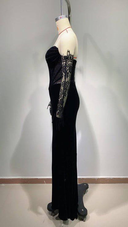 Elegantes Bandage-Maxikleid mit Diamanten – Bodenlang & Quadratkragen