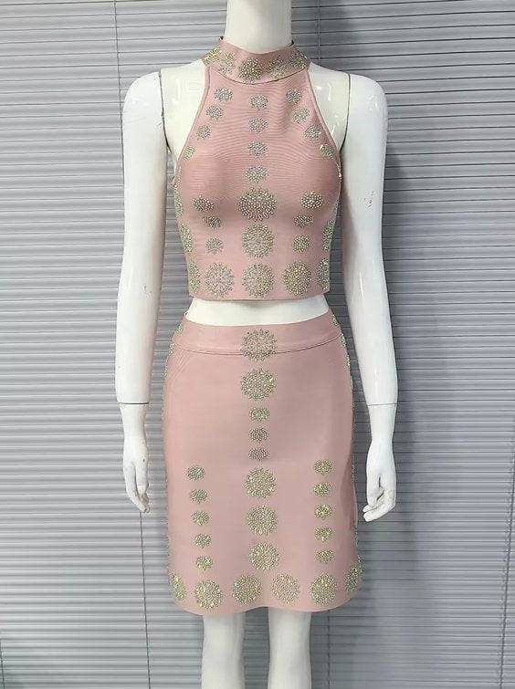 Elegantes Bandage-Maxikleid mit Diamanten – Bodenlang & Quadratkragen