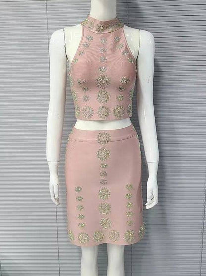 Elegantes Bandage-Maxikleid mit Diamanten – Bodenlang & Quadratkragen