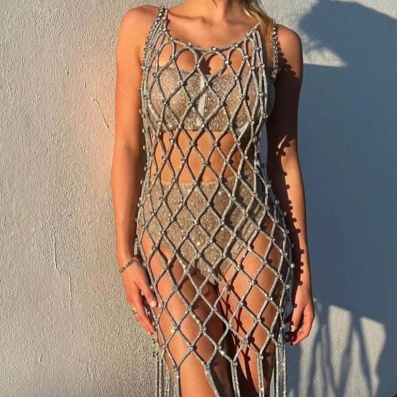 Produktbild von Elegantes Bandage-Maxikleid mit Diamanten – Bodenlang & Quadratkragen in S, erhältlich bei Hot Fashionista