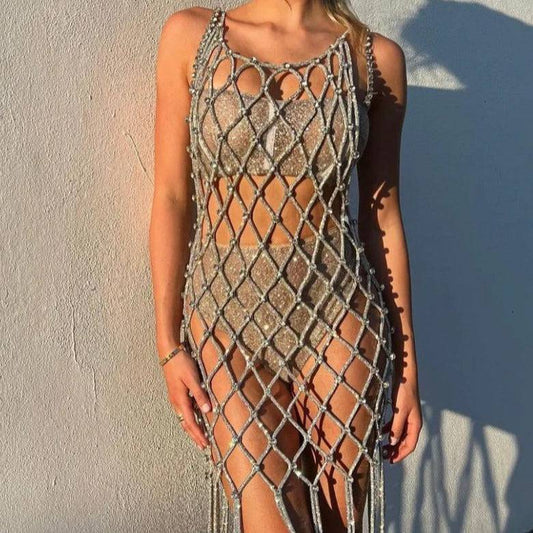 Produktbild von Elegantes Bandage-Maxikleid mit Diamanten – Bodenlang & Quadratkragen in S, erhältlich bei Hot Fashionista