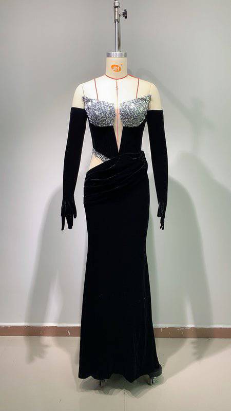 Elegantes Bandage-Maxikleid mit Diamanten – Bodenlang & Quadratkragen