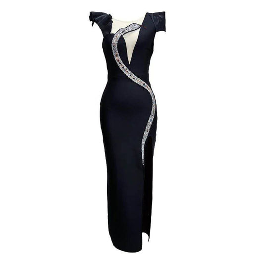 Produktbild von Elegantes Bandage-Maxikleid mit Diamanten – Bodenlang & Quadratkragen in s, erhältlich bei Hot Fashionista