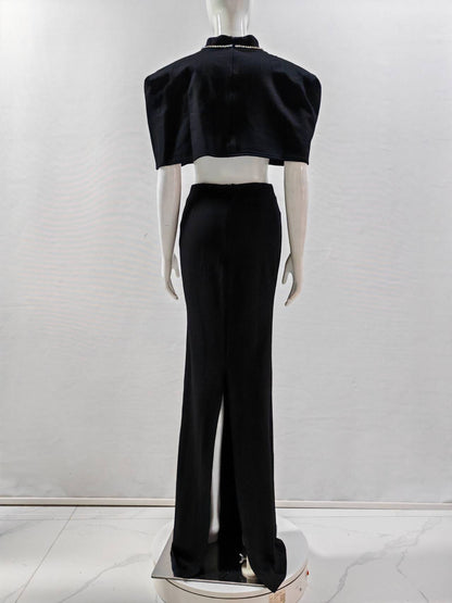Elegantes Bandage-Maxikleid mit Diamanten – Bodenlang & Quadratkragen