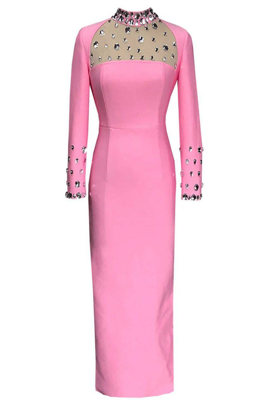 Produktbild von Elegantes Bandage-Maxikleid mit Diamanten – Bodenlang & Quadratkragen in s, erhältlich bei Hot Fashionista