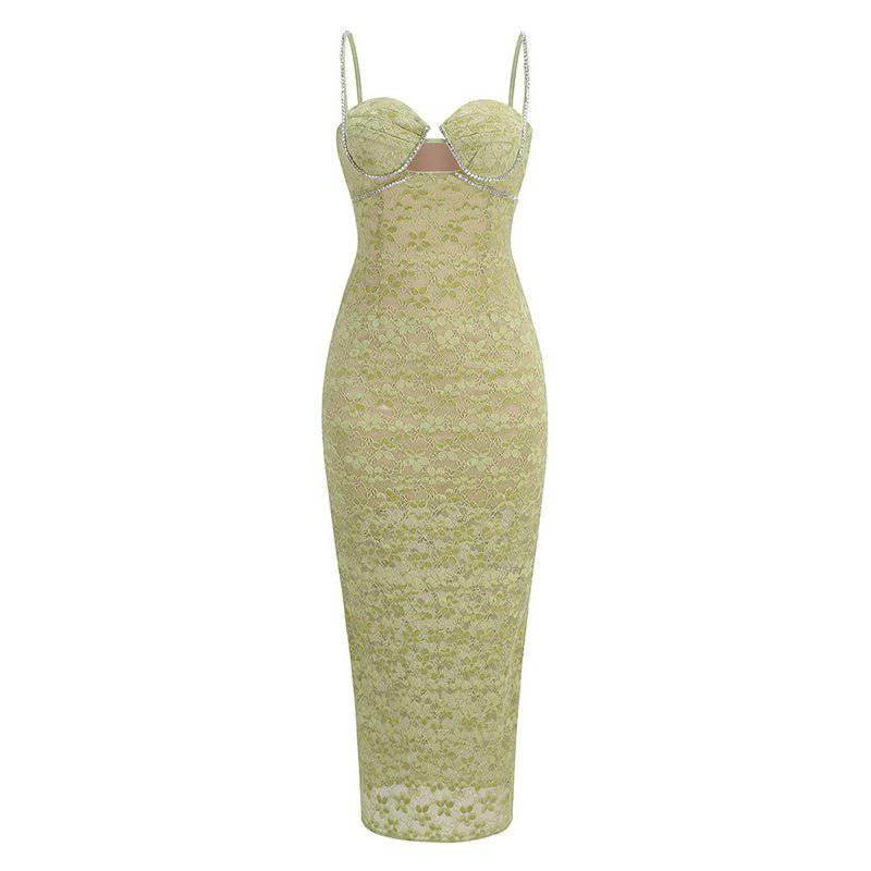 Elegantes Bandage-Maxikleid mit Diamanten – Bodenlang & Quadratkragen