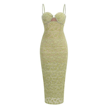 Elegantes Bandage-Maxikleid mit Diamanten – Bodenlang & Quadratkragen