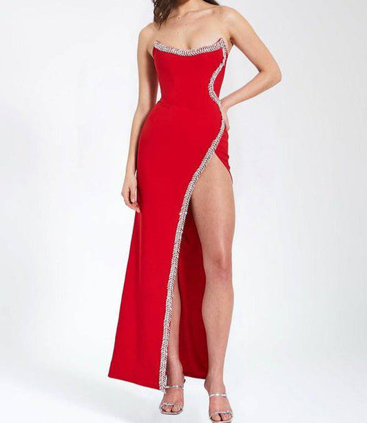 Produktbild von Elegantes Bandage-Maxikleid mit Diamanten – Bodenlang & Quadratkragen in s, erhältlich bei Hot Fashionista