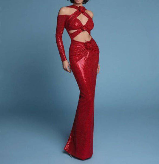 Produktbild von Elegantes Bandage-Maxikleid mit Diamanten – Bodenlang & Quadratkragen in s, erhältlich bei Hot Fashionista