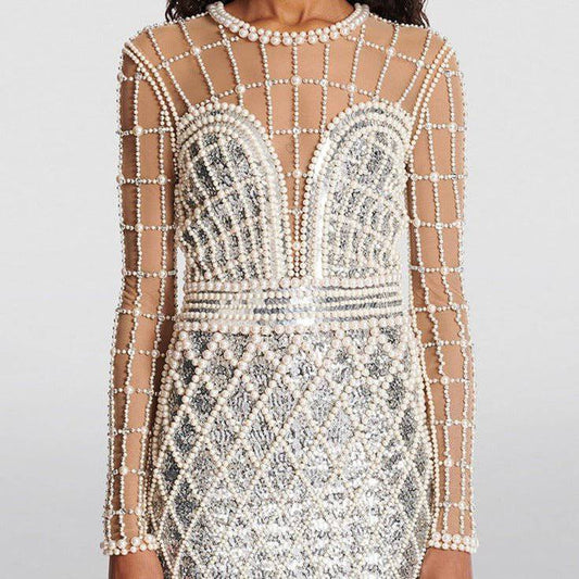 Produktbild von Elegantes Bandage-Maxikleid mit Diamanten – Bodenlang & Quadratkragen in S, erhältlich bei Hot Fashionista