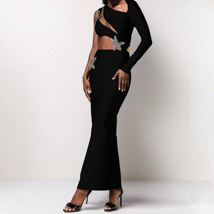 Elegantes Bandage-Maxikleid mit Diamanten – Bodenlang & Quadratkragen