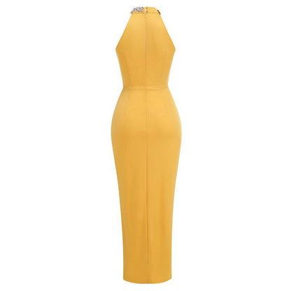 Elegantes Bandage-Maxikleid mit Diamanten – Bodenlang & Quadratkragen