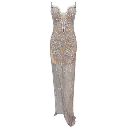 Elegantes Bandage-Maxikleid mit Diamanten – Bodenlang & Quadratkragen