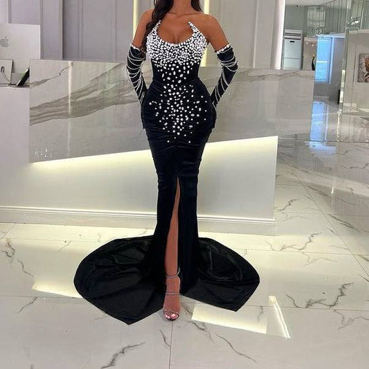 Produktbild von Elegantes Bandage-Maxikleid mit Diamanten – Bodenlang & Quadratkragen in S, erhältlich bei Hot Fashionista