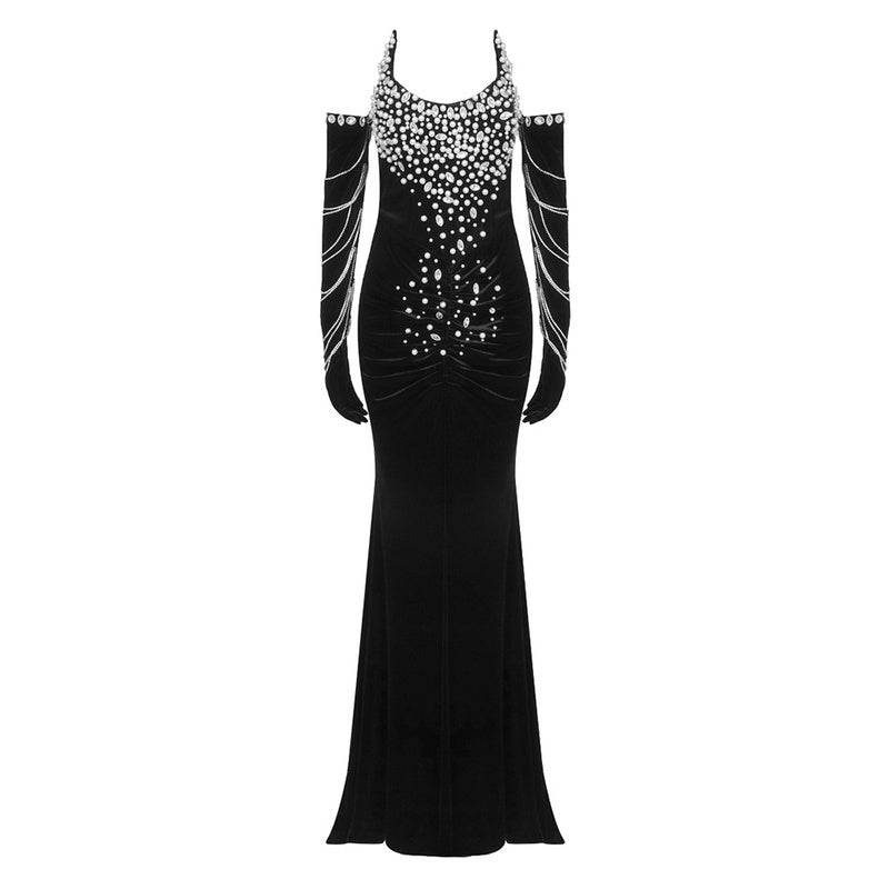 Elegantes Bandage-Maxikleid mit Diamanten – Bodenlang & Quadratkragen
