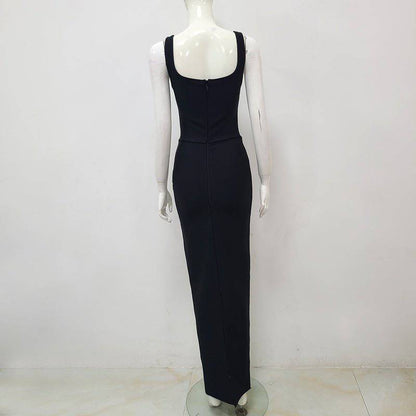 Elegantes Bandage-Maxikleid mit Diamanten – Bodenlang & Quadratkragen