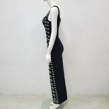 Elegantes Bandage-Maxikleid mit Diamanten – Bodenlang & Quadratkragen