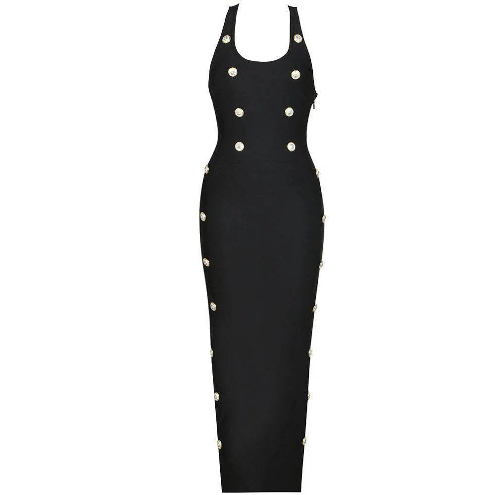 Elegantes Bandage-Maxikleid mit Diamanten – Bodenlang & Quadratkragen
