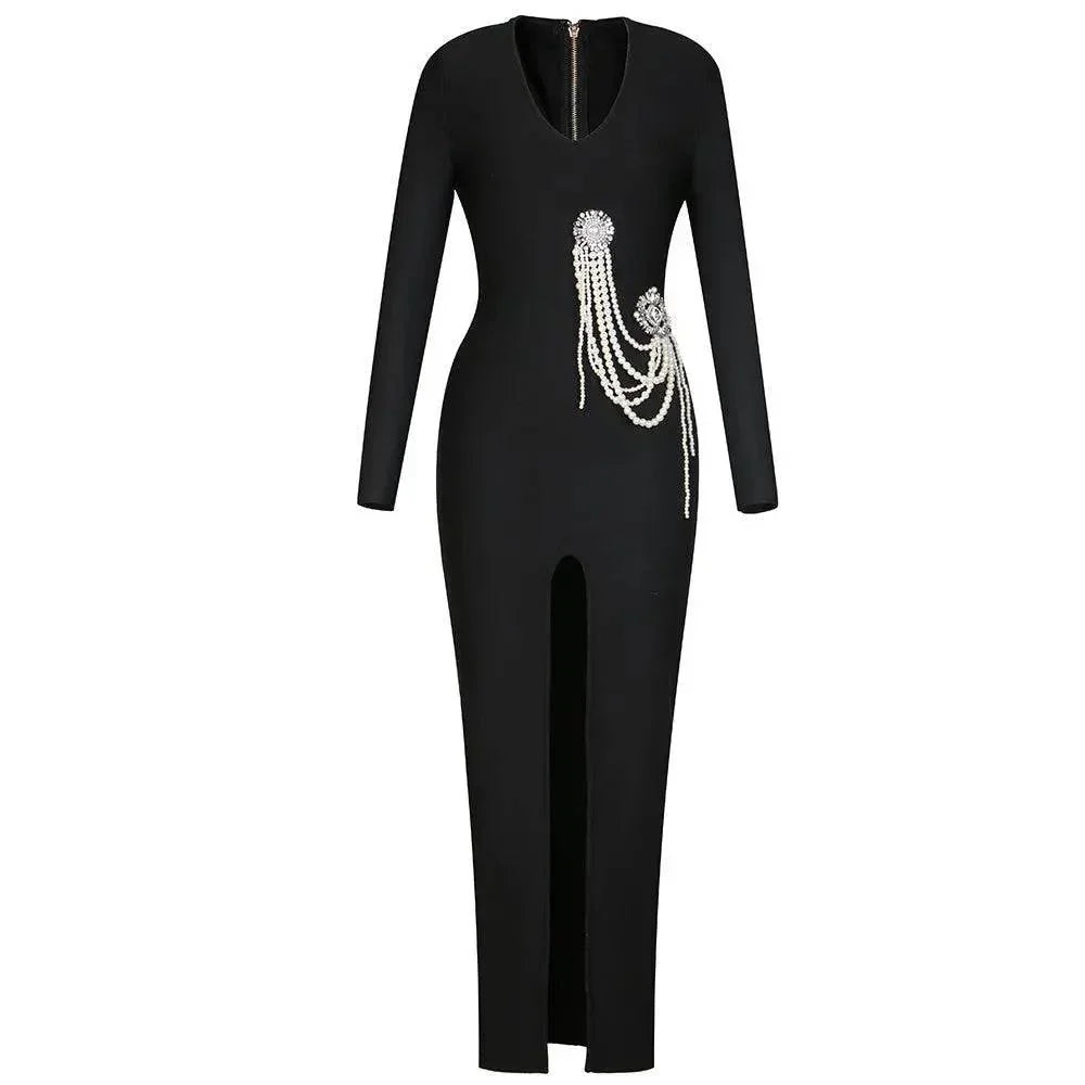 Elegantes Bandage-Maxikleid mit Diamanten – Bodenlang & Quadratkragen