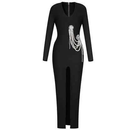 Elegantes Bandage-Maxikleid mit Diamanten – Bodenlang & Quadratkragen