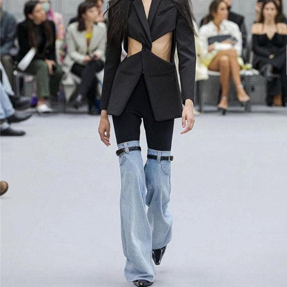 Produktbild von Elegantes Bandage-Maxikleid mit Diamanten – Bodenlang & Quadratkragen in Denim, erhältlich bei Hot Fashionista