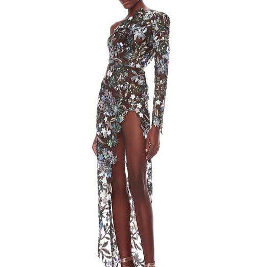 Produktbild von Elegantes Bandage-Maxikleid mit Diamanten – Bodenlang & Quadratkragen in S, erhältlich bei Hot Fashionista