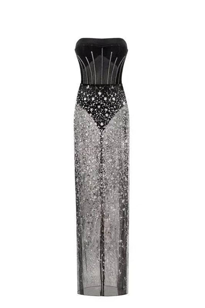 Elegantes Bandage-Maxikleid mit Diamanten – Bodenlang & Quadratkragen
