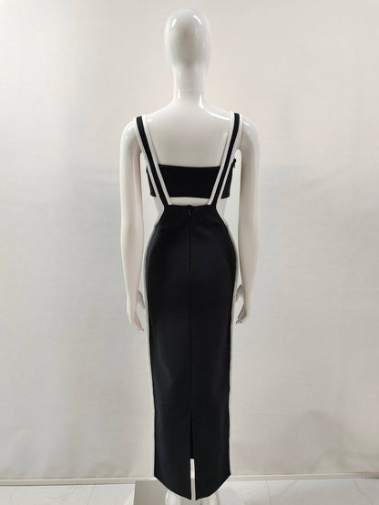 Elegantes Bandage-Maxikleid mit Diamanten – Bodenlang & Quadratkragen