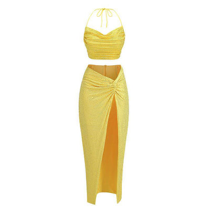Elegantes Bandage-Maxikleid mit Diamanten – Bodenlang & Quadratkragen