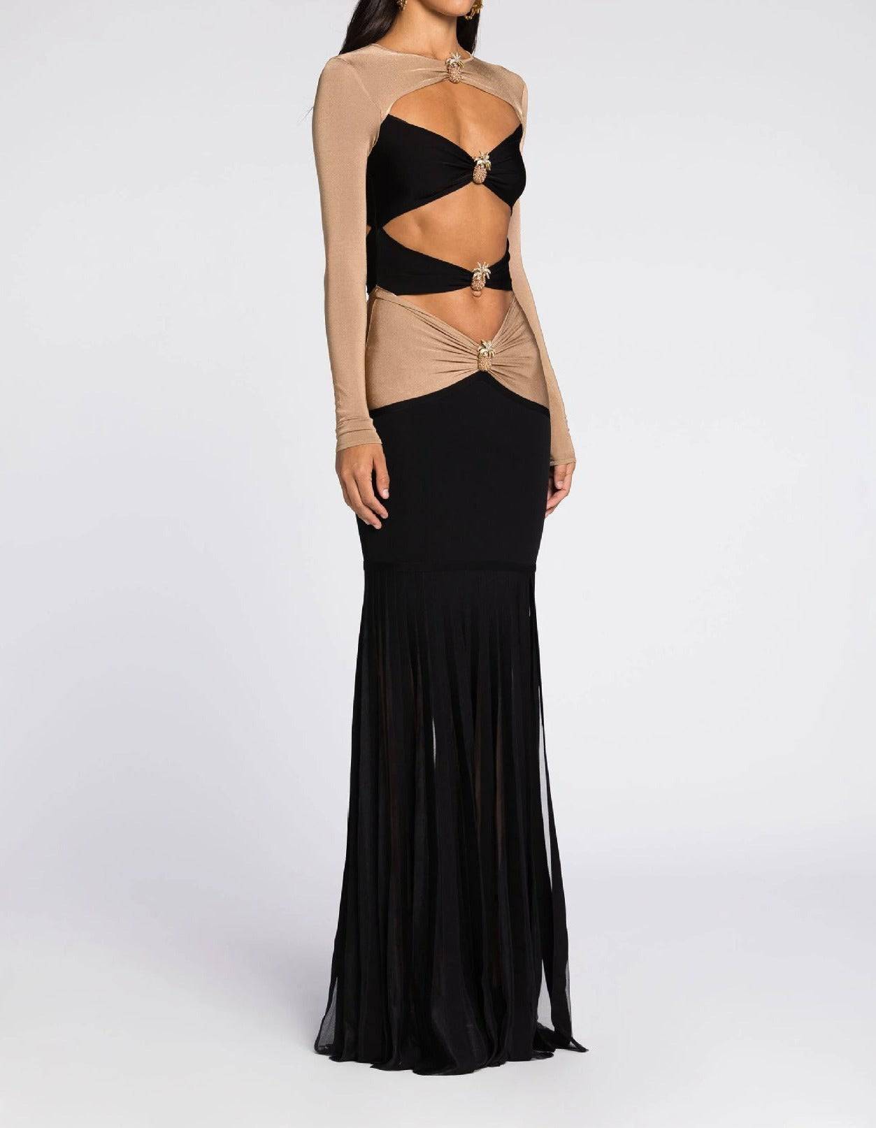 Elegantes Bandage-Maxikleid mit Diamanten – Bodenlang & Quadratkragen